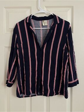 Navy Button-Up Shirt with Red & White Vertical Stripes